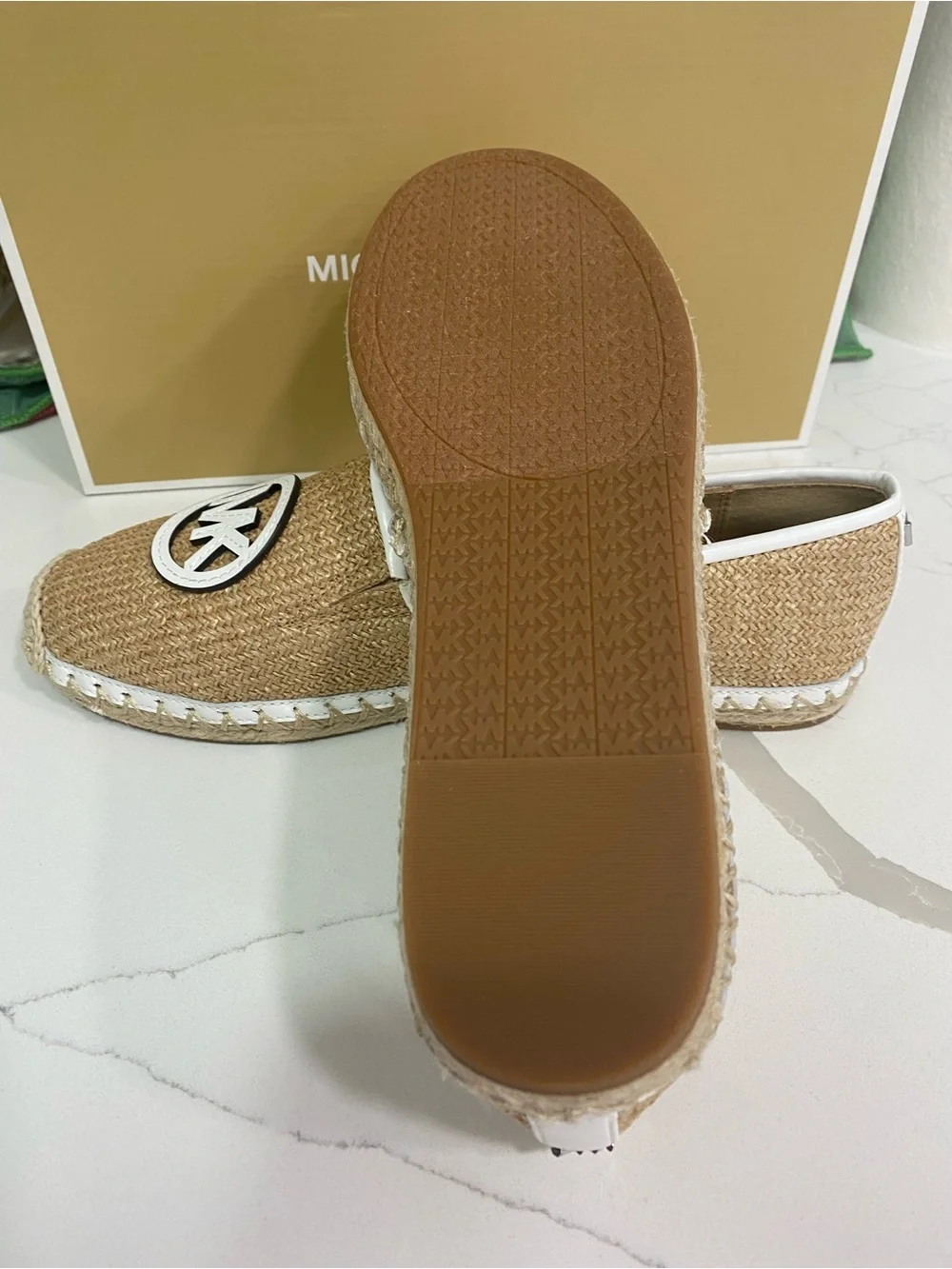 Michael Kors Tan Raffia Slip-On Espadrilles with White MK Logo